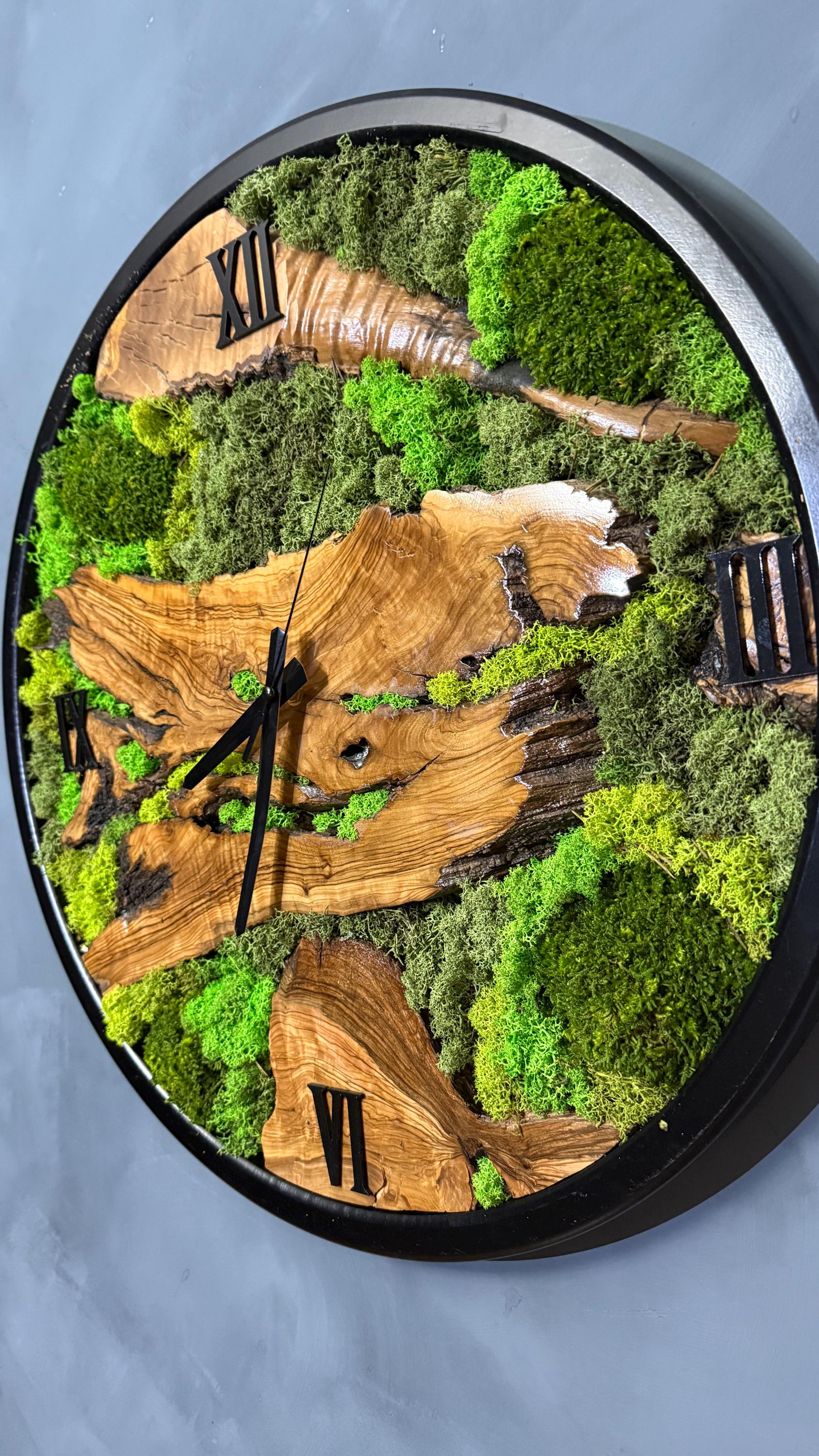 Unique Moss Wall Art Clock, Natural Olive Wood and Real Moss Decor ...