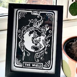 De World Tarot Card geïnspireerd originele handgemaakte lino blok print muur kunst