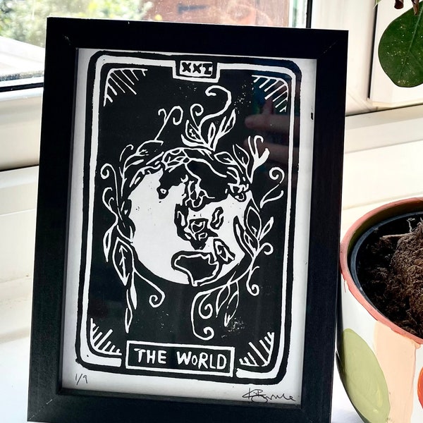 The World Tarot Card inspired original handmade lino block print wall art