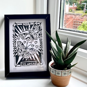 De Lovers Tarot Card geïnspireerd originele handgemaakte lino blok print muur kunst