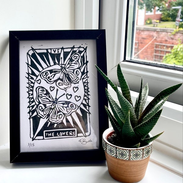 The Lovers Tarot Card inspired original handmade lino block print wall art