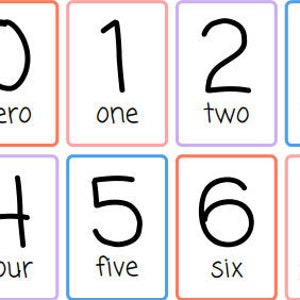 May include: A set of eight colorful cards with the numbers 0 through 7 written in black. Each card has the number written in large font at the top and the word for the number written in smaller font below. The cards are arranged in two rows of four.