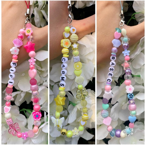 Phone Charm Strap, Phone Strap, Beaded Phone Charm, Y2K Cute Pastel Beads  Pink Peach Yellow Green Blue or Lilac Custom Personalized 