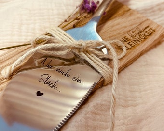 Cake server engraved with "just one more piece..." including sweet packaging