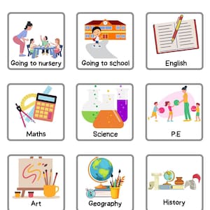Peut inclure: Un tableau coloré avec 12 cases, chacune représentant une matière scolaire différente. Les matières comprennent Aller à la crèche, Aller à l'école, Anglais, Mathématiques, Sciences, EPS, Arts, Géographie, Histoire, Religion, Informatique et Technologie, et Travaux manuels.