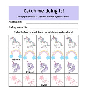 Catch me doing it, catch me being good reward chart for school great for children with ADHD - unicorn theme