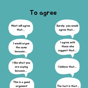 May include: A teal graphic with the title "To agree". It displays white speech bubbles containing phrases such as "Most will agree that..." and "Surely, you would agree that..." for expressing agreement.