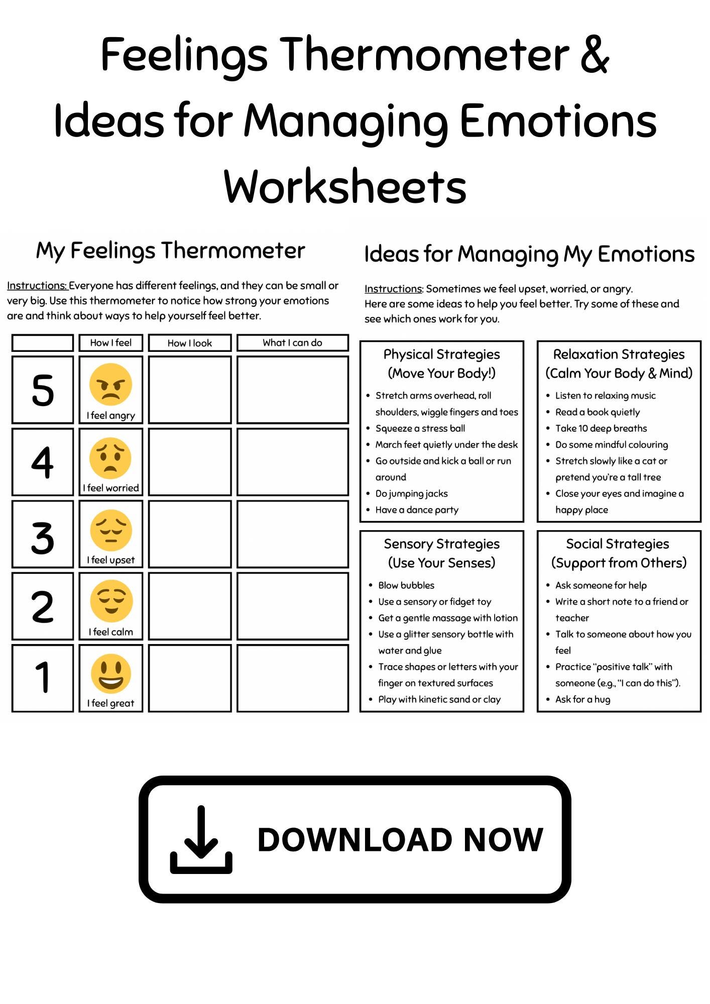 Feelings Thermometer and Managing Emotions Worksheet - Etsy