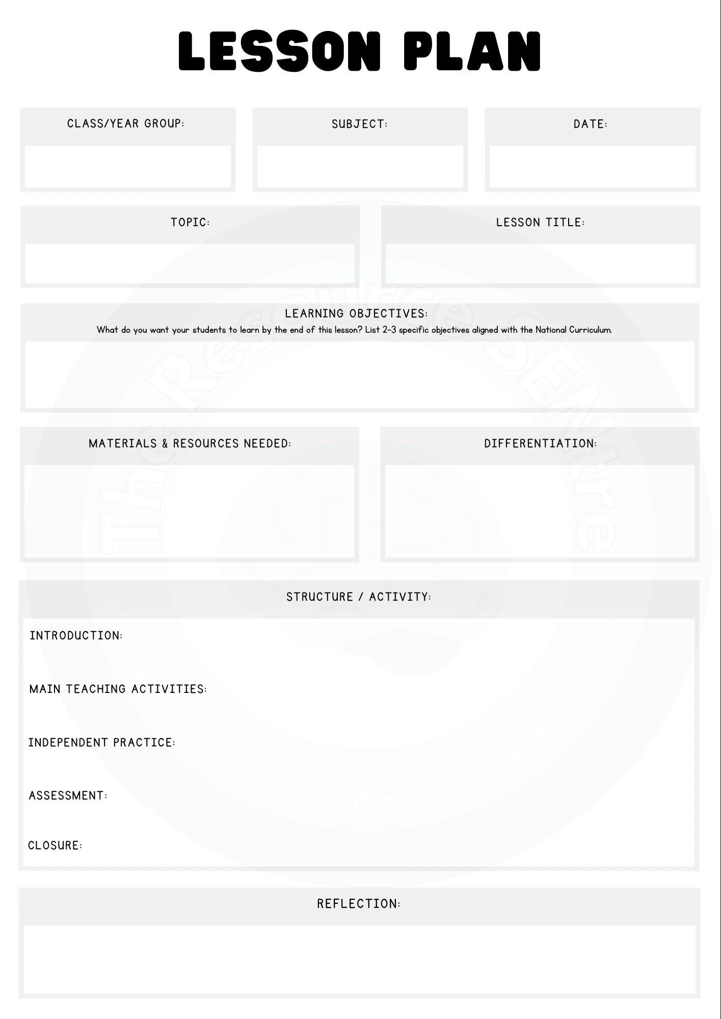 Lesson Plan Template: Printable Worksheet (digital Download) - Etsy