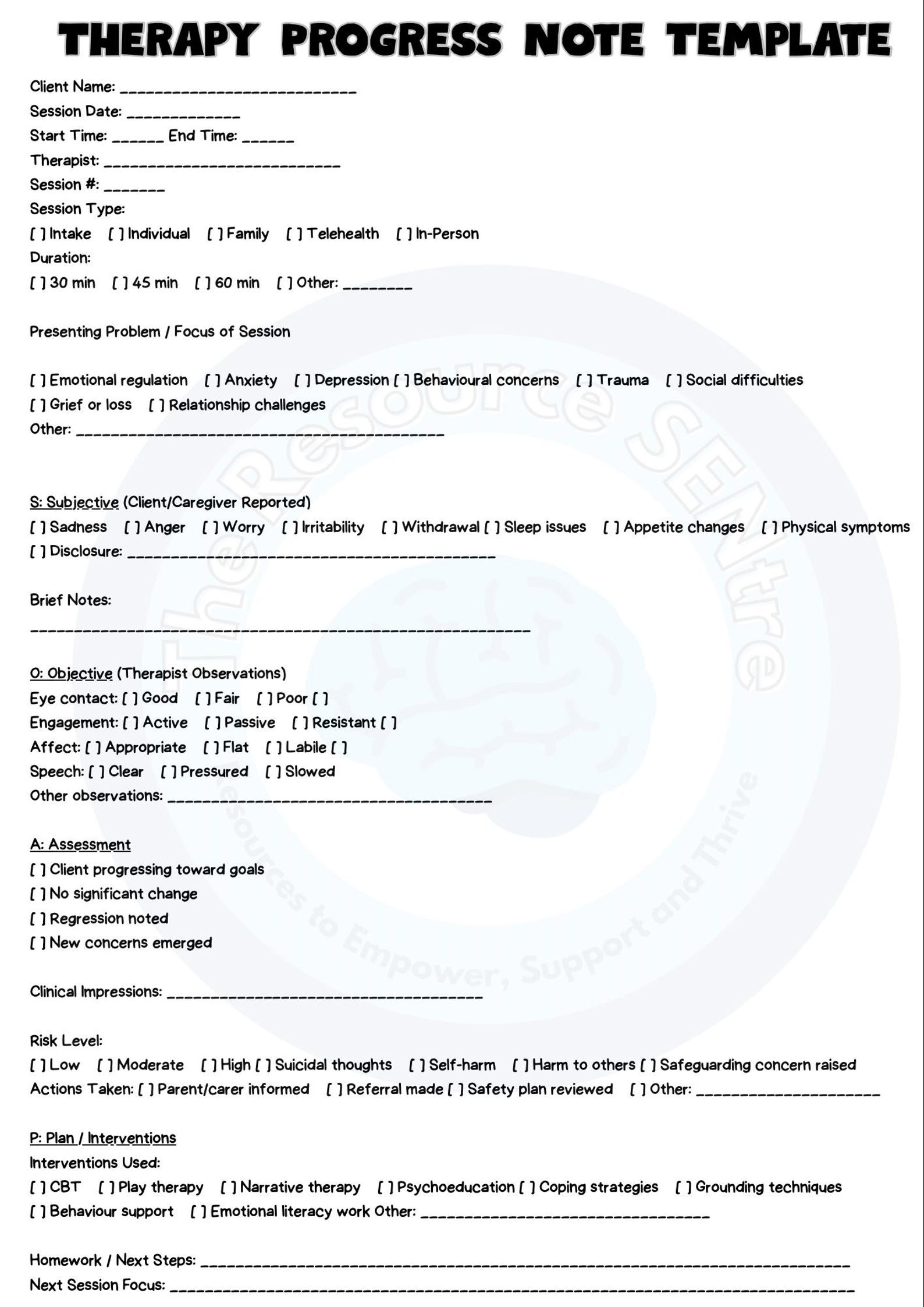 Editable Therapy Progress Note Template: SOAP Format (PDF & DOC) - Etsy