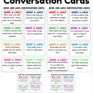 May include: A set of 32 Grief & Loss Conversation Cards. Each card features a question designed to facilitate discussions about grief, with a variety of prompts in a colorful layout.