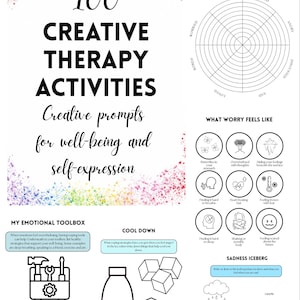 May include: A white and colorful illustrated guide titled "100 Creative Therapy Activities" with prompts for well-being and self-expression. Includes an emotions wheel, illustrations of feelings, and a toolbox graphic.