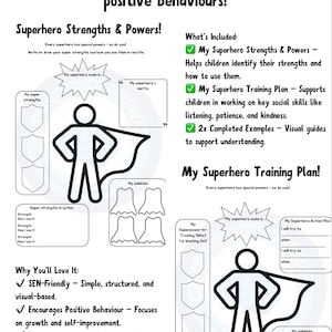 May include: Black and white printable worksheet for children to help them identify their strengths and develop positive behaviors. The worksheet features a superhero theme with a superhero character, a superhero training plan, and a section for listing superpowers. The text on the worksheet includes "Superhero Strengths & Powers", "My Superhero Training Plan", and "Why You'll Love It".