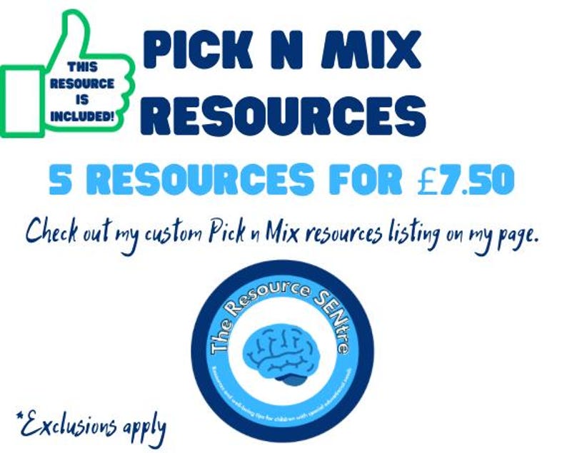 May include: A blue and white graphic with the text "PICK N MIX RESOURCES" and "5 RESOURCES FOR &pound;7.50". A green thumbs up icon with the text "THIS RESOURCE IS INCLUDED!" is in the top left corner. A blue circle with the text "The Resource Centre" is in the bottom center.