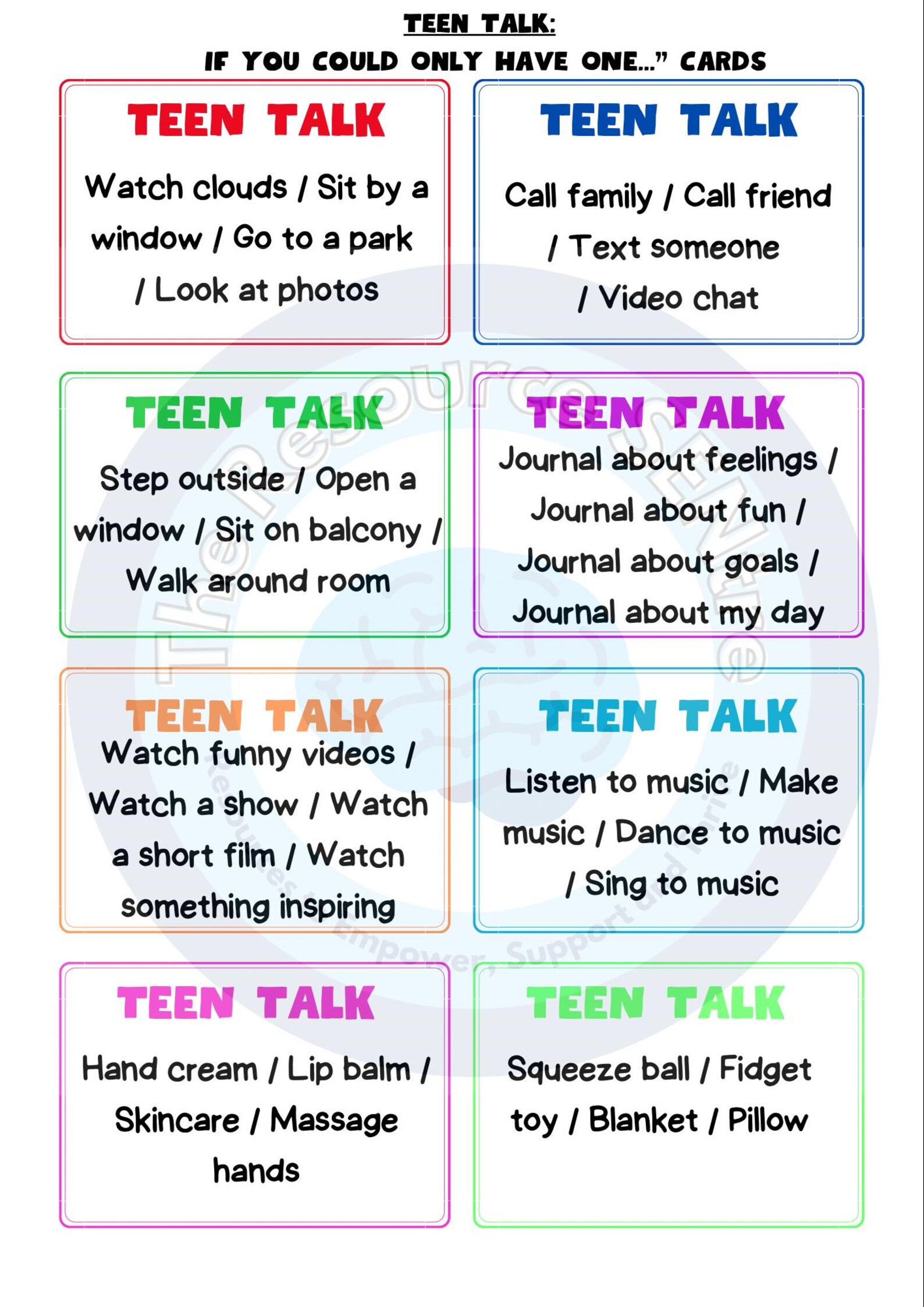 If You Could Only Have ONE… Teen Therapy Cards | Self-care & Support ...