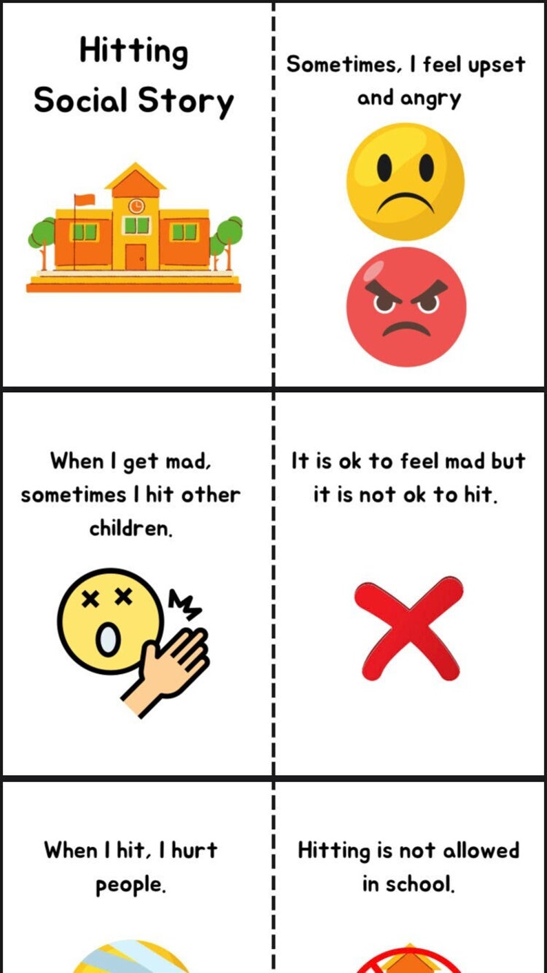 May include: A social story about hitting, with illustrations of a school building, a yellow face with a frown, a red face with an angry expression, a yellow face with a frown and a hand hitting it, a red X, a yellow face with a frown and a hand hitting it, and a red circle with a line through it.