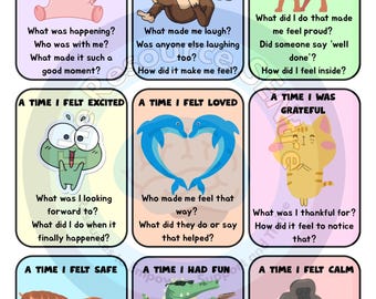 May include: Emotion Reflection Cards featuring cartoon animals and prompts. Cards include a pig, monkey, lion, frog, dolphins, cat, horse, alligator, and gorilla. Each card has a title like "A Time I Felt Happy" and questions.