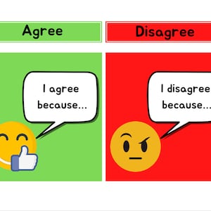 Pode incluir: Um gráfico verde e vermelho com duas colunas etiquetadas como "Concordo" e "Discordo". Cada coluna tem um balão de fala com um rosto sorridente e texto. A coluna da esquerda diz "Concordo porque..." e a coluna da direita diz "Discordo porque..."
