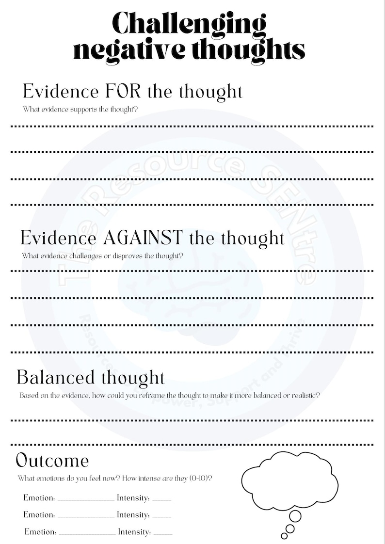Thought Challenging Worksheet | Cognitive Restructuring | Cognitive ...