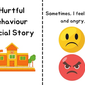 May include: A social story about hurtful behaviour. The text reads "Hurtful behaviour Social Story". The image shows a yellow school building with a clock on the front. There are two emoticons on the right side of the image. The top emoticon is yellow with a sad face. The bottom emoticon is red with an angry face. The text reads "Sometimes, I feel upset and angry."