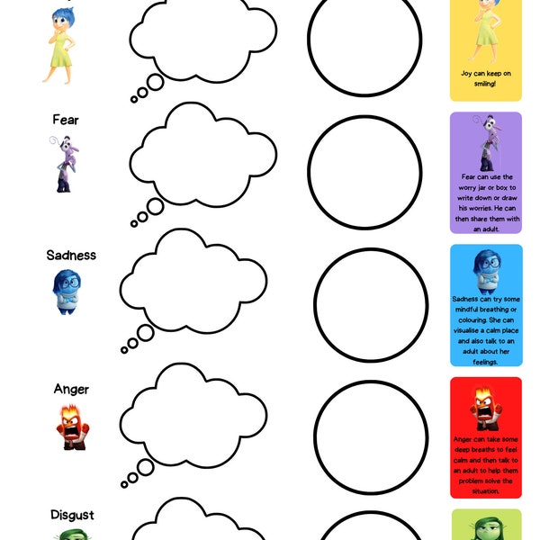 Inside out emotion check in | CBT worksheet | emotional regulation inside out characters | thoughts and feelings