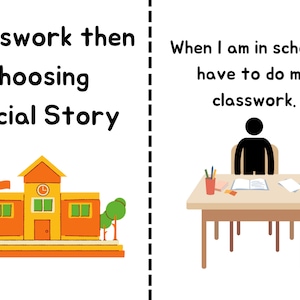 May include: A social story illustration showing a school building with the text "Classwork then choosing Social Story". The second part of the illustration shows a person sitting at a desk doing classwork with the text "When I am in school, I have to do my classwork."