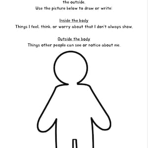 May include: A white worksheet titled "My Inside-Outside Map" with black text and a simple outline of a person. The text prompts the user to draw or write about their feelings and what others see. The worksheet is designed for self-reflection.