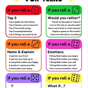 May include: A game board titled "DICEBREAKER FOR TEENS" with prompts for discussion. The prompts are in coloured boxes, each with a dice image. Topics include goals, favourites, emotions, and hypothetical scenarios.