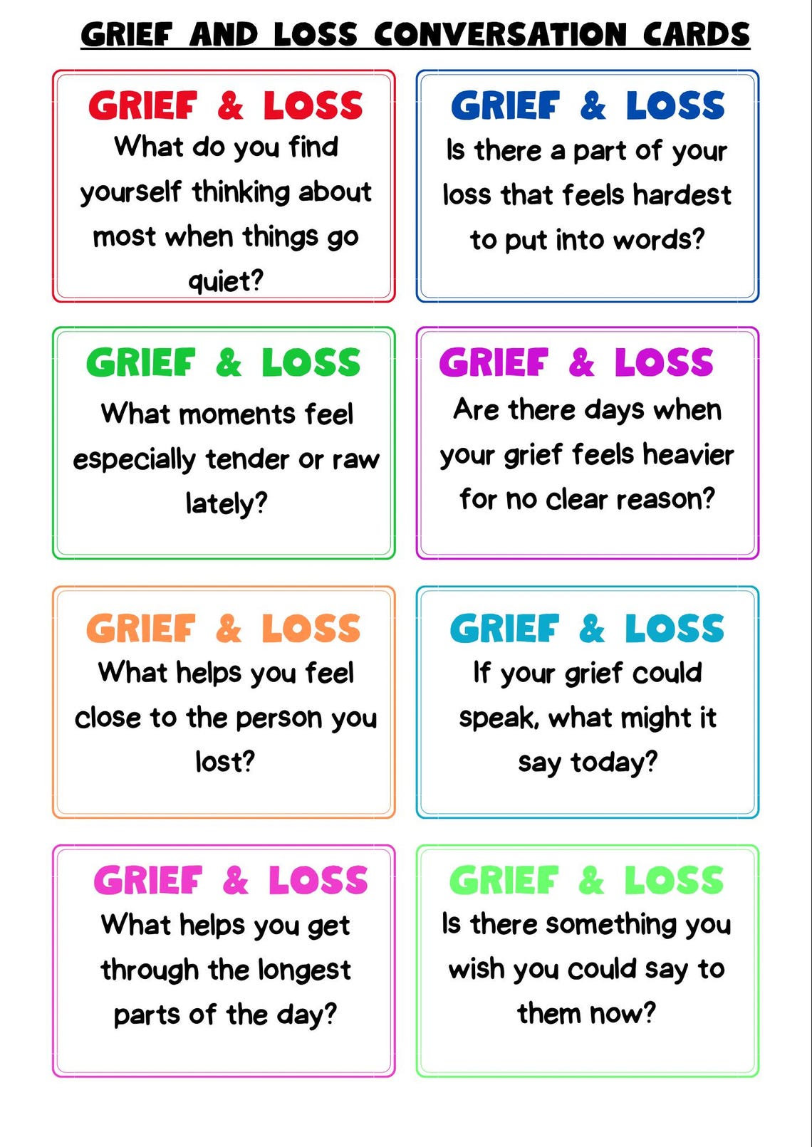 Grief and Loss Conversation Cards | Printable Bereavement Support ...