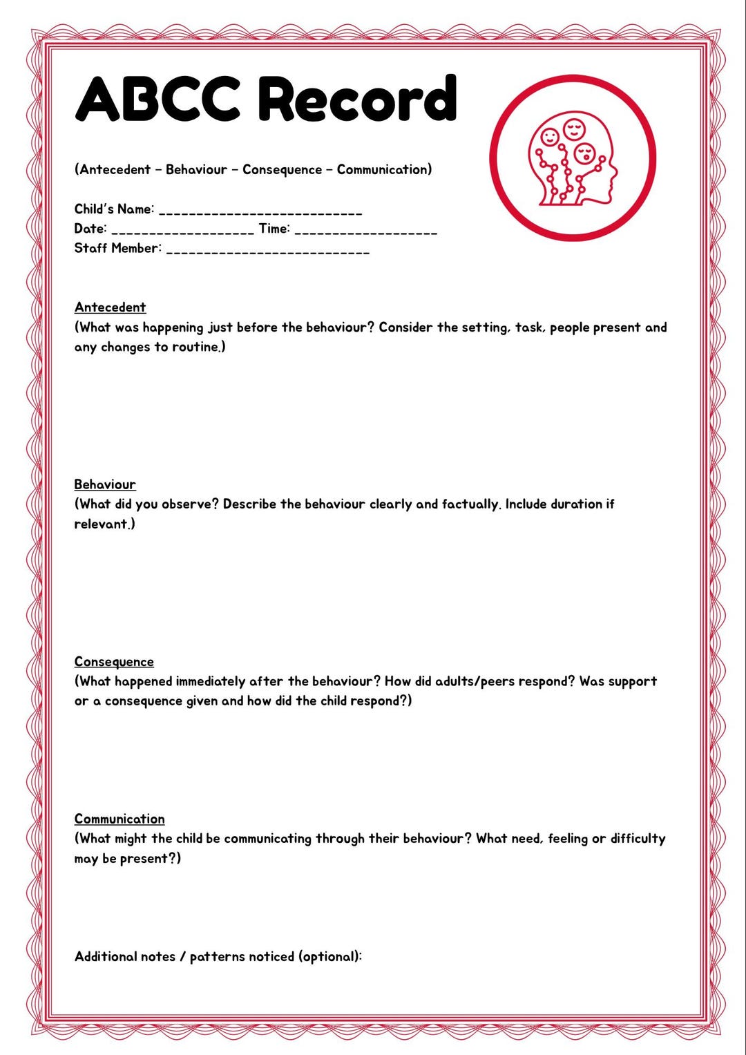 ABCC Behaviour Record – Printable SEN Observation Sheet - Etsy