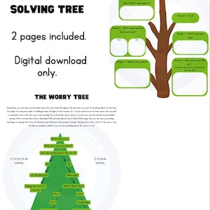 May include: A printable worksheet with two tree diagrams. The first tree is a "worry tree" with steps to help manage anxiety. The second tree is a "problem solving tree" with steps to help solve problems. The text "2 pages included. Digital download only." is at the top of the page.