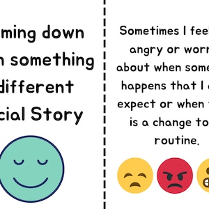 Puede incluir: Una historia social sobre cómo calmarse cuando algo es diferente. El texto dice "Calming down when something is different Social Story". Se muestra una cara de dibujos animados verde con los ojos cerrados y una sonrisa. El texto del lado derecho dice "A veces me siento triste, enojado o preocupado cuando algo sucede que no espero o cuando hay un cambio en mi rutina.". Se muestran tres caras de dibujos animados amarillas con diferentes expresiones: una con ojos tristes, una con ojos enojados y una con una expresión preocupada.