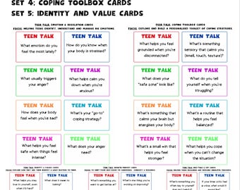 Puede incluir: Un juego de 160 tarjetas terapéuticas Teen Talk. Las tarjetas están organizadas en conjuntos que se enfocan en la regulación emocional, la autoconversación, la mentalidad de crecimiento, la adaptación y la identidad. Cada tarjeta presenta una pregunta.