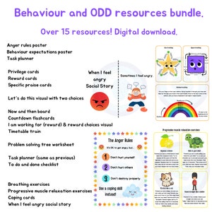 Könnte beinhalten: Ein druckbares Ressourcenpaket für Kinder mit ODD (Oppositionelle Verhaltensstörung). Das Paket enthält eine Vielzahl von Ressourcen wie Sozialgeschichten, Wutmanagement-Tools und Entspannungsübungen. Die Ressourcen sind farbenfroh und zeigen Illustrationen von Kindern und Tieren.