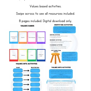 May include: A printable worksheet bundle for behavioral activation therapy. The worksheet includes a values card activity, a values into activities activity, and a 3-legged stool analogy. The worksheet is designed to help individuals with low mood, depression, or loss of interest in activities.