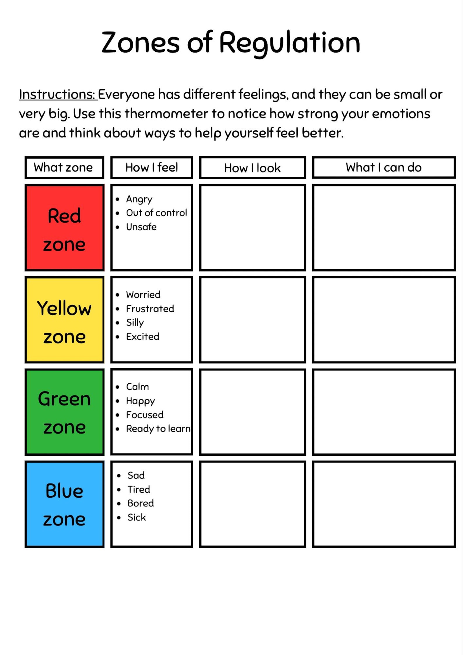 Zones of Regulation Worksheets - Etsy