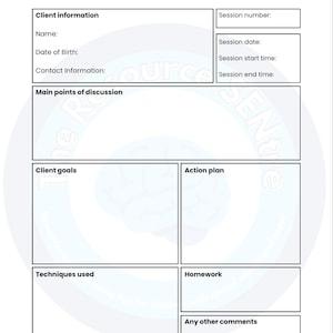 May include: A blank therapy notes template with sections for client information, main points of discussion, client goals, action plan, techniques used, homework, and any other comments.