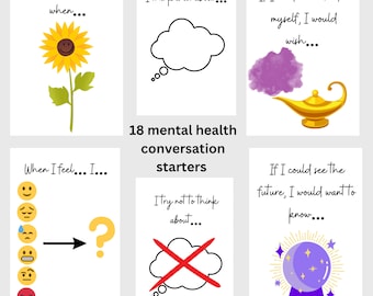 May include: A set of 18 printable cards with prompts for mental health conversations. The cards feature illustrations of a sunflower, a thought bubble, a genie lamp, a question mark, a crossed-out thought bubble, and a crystal ball.