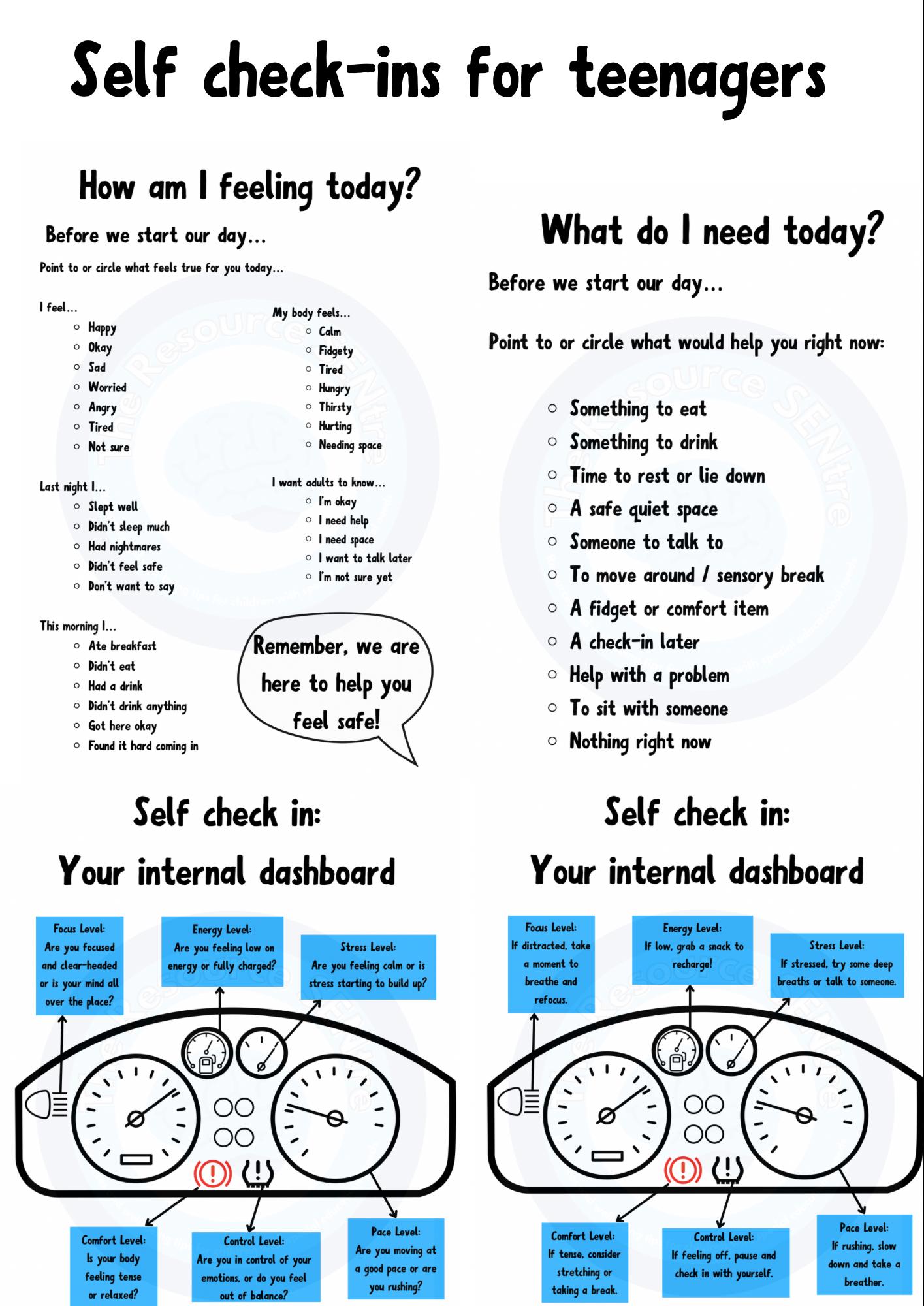 Teen Self Check-in: Emotion Regulation, Wellbeing (Printable PDF)