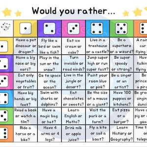 Könnte beinhalten: Ein farbenfrohes Spielbrett mit Würfeln und Fragen, die "Würdest du lieber..." fragen, mit verschiedenen Optionen. Das Spielbrett ist für Kinder konzipiert und hat ein lustiges und ansprechendes Design.