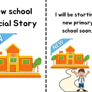 Può includere: Una storia sociale sul cominciare una nuova scuola. L'illustrazione mostra un cartone animato di un edificio scolastico con la parola "NEW" su uno striscione blu sopra di esso. Un bambino di cartone animato cammina verso la scuola con uno zaino.