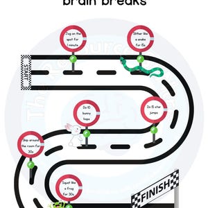 Pode incluir: Um tabuleiro de jogo imprimível com uma pista preta e círculos vermelhos com instruções para atividades sensoriais. O tabuleiro de jogo é projetado para que as crianças completem uma série de atividades como trotar no lugar, deslizar como uma cobra, fazer saltos de coelho e saltos de estrela. O tabuleiro de jogo tem uma linha de INÍCIO e FIM.