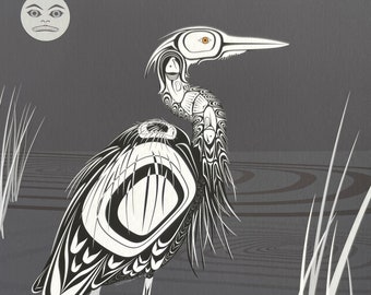 Native Northwest Coast Great Blue Heron Giclée Art Print 8x10 - Black/White/Grey/Violet - Right Facing