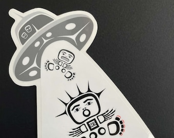 UFO Alien Abduction Sticker in Pacific North West, Alaska Native Indian Art Style