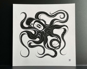 Native Northwest Coast Tlingit Octopus Giclee Print - Black, Right-Facing