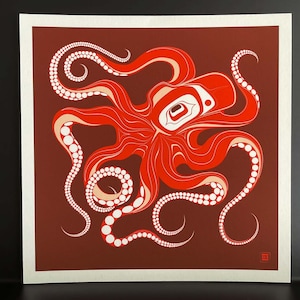 Native Northwest Coast Tlingit Octopus Giclee Print - Orange/Red, Left-Facing