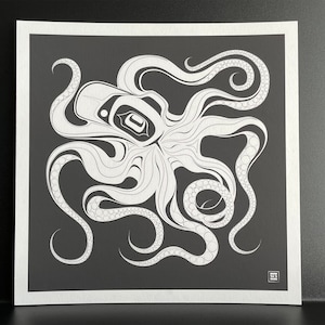 Native Northwest Coast Tlingit Octopus Giclee Print - White/Grey, Right-Facing