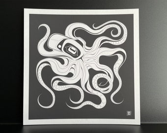 Native Northwest Coast Tlingit Octopus Giclee Print - White/Grey, Right-Facing