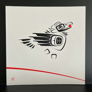 Native Northwest Coast Tlingit Raven w/ Sun Giclee Print - Black/Red, Right-Facing