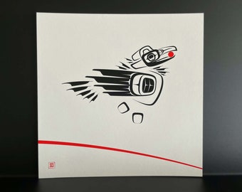 Native Northwest Coast Tlingit Raven w/ Sun Giclee Print - Black/Red, Right-Facing